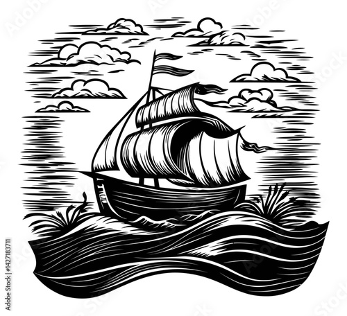 Vintage Engraving of Sailing Ship with Clouds and Waves