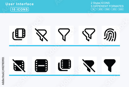 Set of 5 solid user interface icons,file, spreadsheet, upload, user, video, word