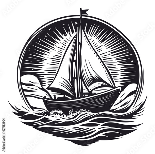 Detailed Black and White Engraving of a Sailboat in Ocean Scene