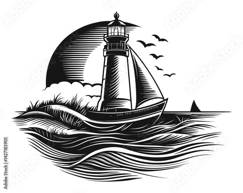 Detailed Engraving of Lighthouse with Sailboat and Ocean Waves