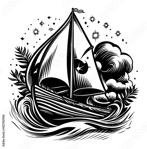 Vintage Sailboat Engraving in Bold Black and White Design