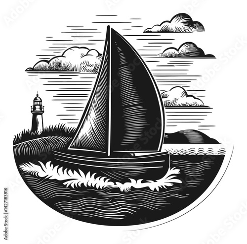 Black and White Engraving of Sailboat and Lighthouse at Sea
