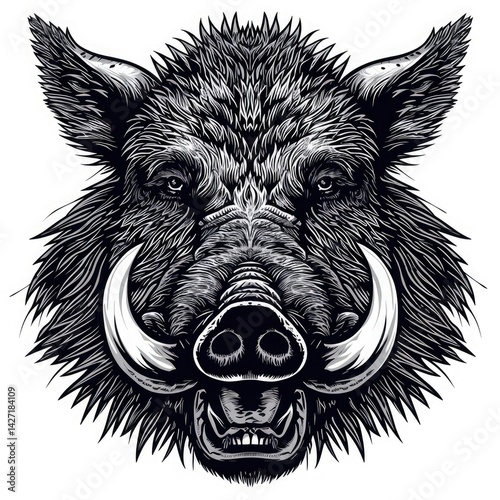 A clean and sharp vector of a roaring wild boars head with detailed tusks and bristling fur