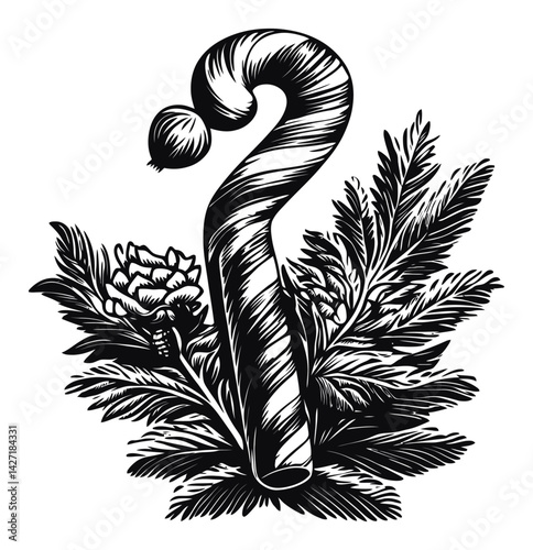 Elegant Engraving of a Question Mark Surrounded by Foliage Design