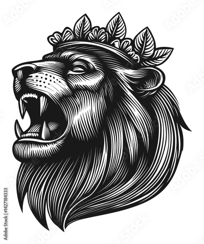 Detailed Lion Illustration with Floral Crown and Bold Lines