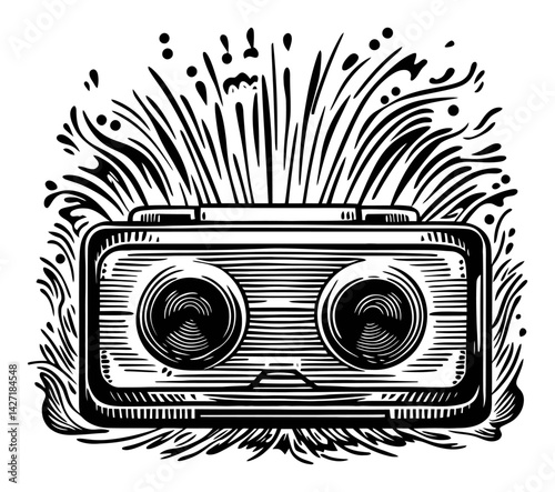 Retro Engraving of a Cassette Tape Surrounded by Dynamic Waves