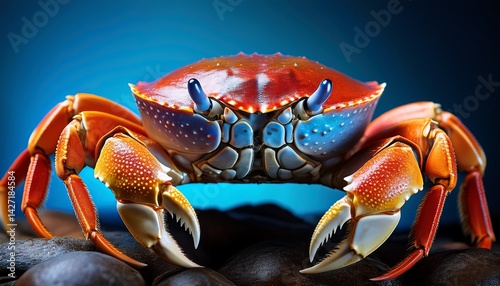 a close up view of a vibrant crab showcasing its unique textures and colors