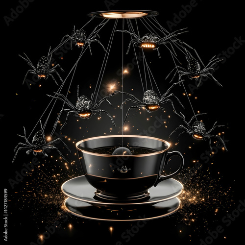 Spiders swirling around a black teacup on a saucer, dark background, fantasy illustration, ideal for Halloween or gothic designs