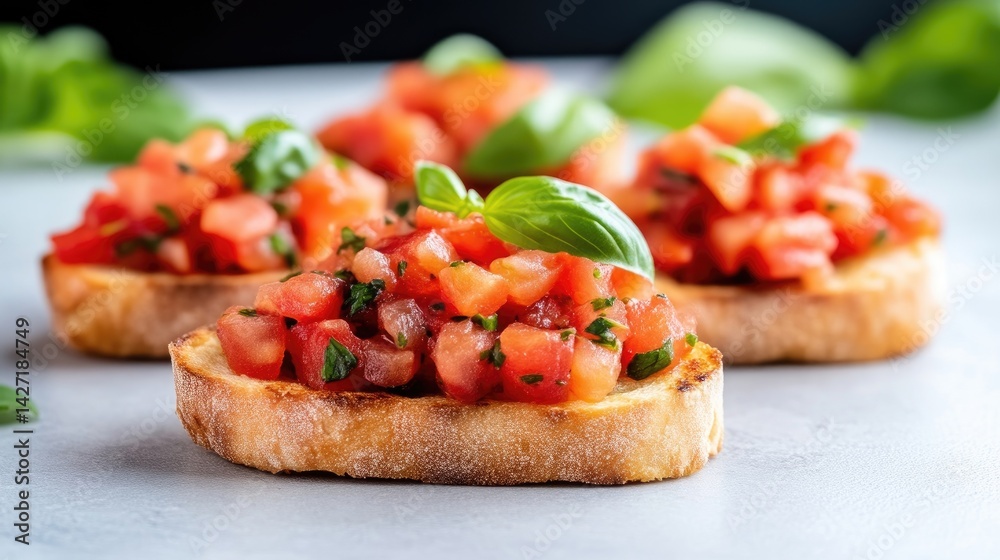 Bruschetta Toasts Fresh Basil Vibrant Culinary Style High-Definition Sharp Focus Close-up Shot Rustic Texture Appetizer Presentation Stone Countertop Warm Red Tones Food Blog Photography Bruschetta Toasts Fresh Basil Vibrant Culinary Style High-Definition Sharp Focus Close-up Shot Rustic Texture Appetizer Presentation Stone Countertop Warm Red Tones Food Blog Photography