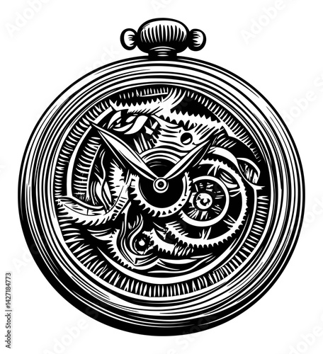 Intricate Engraving of Pocket Watch Mechanical Components Design