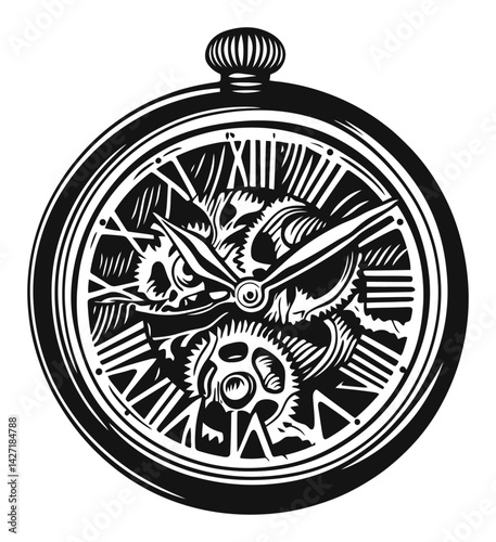 Intricate Engraving of Pocket Watch with Detailed Clockwork Design