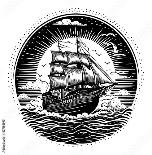 Vintage Engraving of a Ship Sailing Through Waves and Clouds