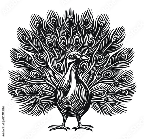 Detailed Black and White Engraving of a Majestic Peacock Design
