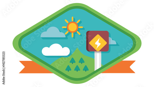 Vector illustration of a logo featuring a stylized flower design in front of a blue background with raindrops and a lightning bolt symbolizing weather resilience