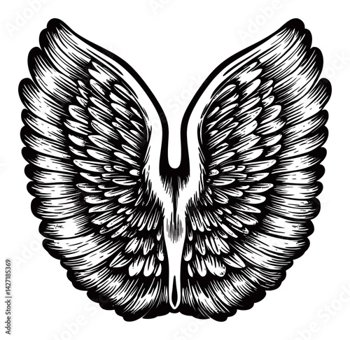 Detailed Black and White Illustration of Wings in Engraving Style
