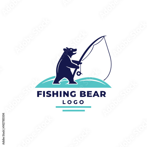 Unique logo design featuring a bear fishing with a rod beside serene water, showcasing an engaging and playful outdoor scene