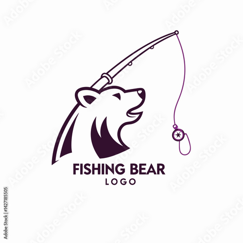 Unique logo design featuring a bear fishing with a rod beside serene water, showcasing an engaging and playful outdoor scene