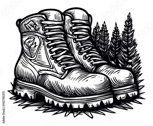 Detailed Engraving of Hiking Boots Surrounded by Pine Trees