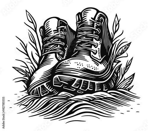 Detailed Engraving of Hiking Boots Surrounded by Nature Elements