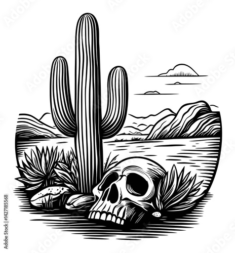 Engraved Illustration of a Skull and Cactus in Desert Landscape