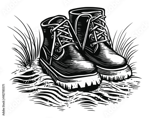 Engraving of Stylish Hiking Boots with Grass and Soil Background