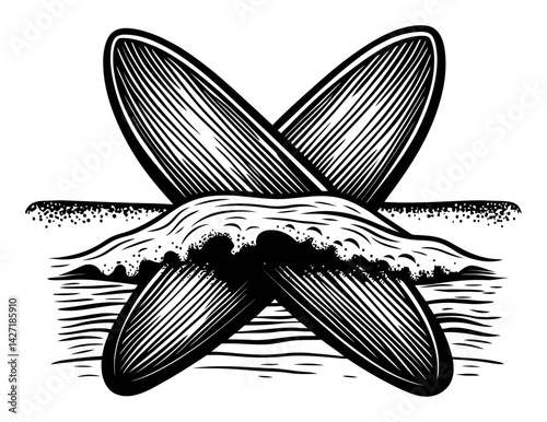 Surfer Boards Crossed with Waves in Engraving Style Illustration