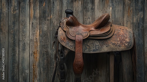 Rustic Western Saddle Against Weathered Wood.