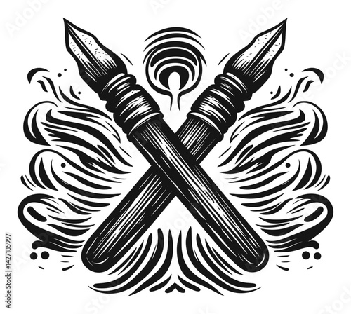 Vintage Engraving Style Illustration of Crossed Ink Pens