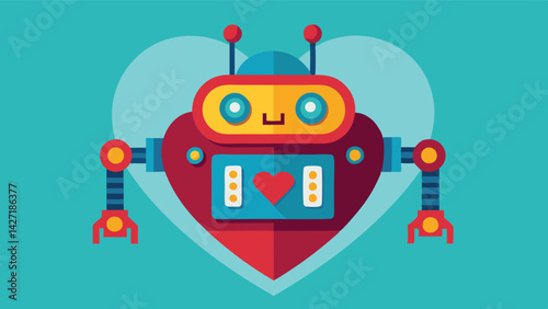 Cute red robot character with heart-shaped body and playful features on a teal background designed as clipart, perfect for digital designs or children's themes