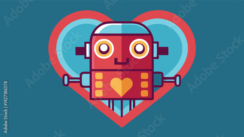 Cute red robot character with heart-shaped body and playful features on a teal background designed as clipart, perfect for digital designs or children's themes