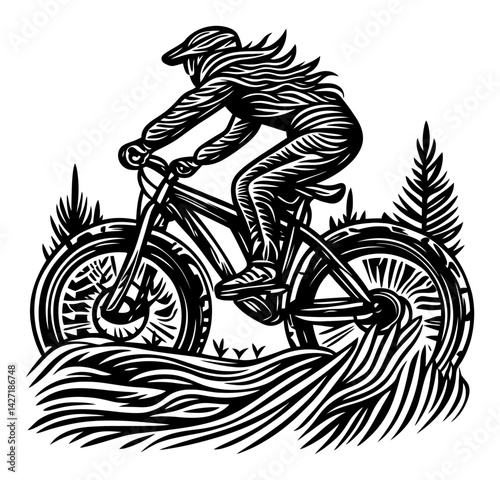 Engraving of a Cyclist Riding Through a Forest Trail