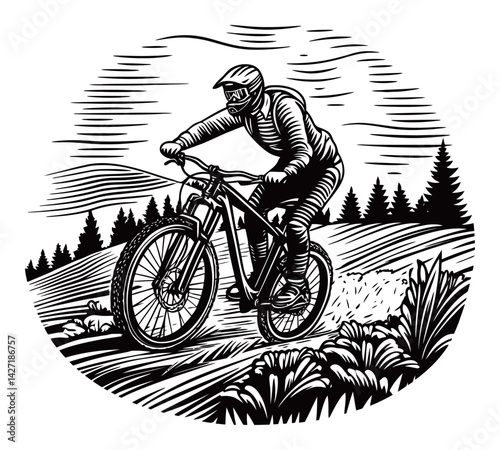 Mountain Biker Riding on Trail Engraving in Black and White Style