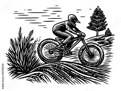 Mountain Biker Riding Through Nature in Black and White Engraving