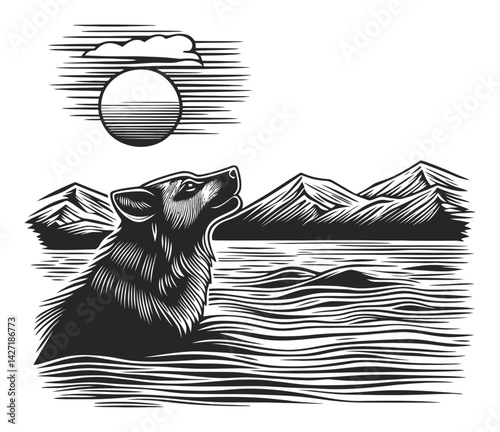 Detailed Wolf Illustration in Nature with Sun and Mountains