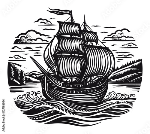 Detailed Black and White Engraving of a Classic Sailing Ship
