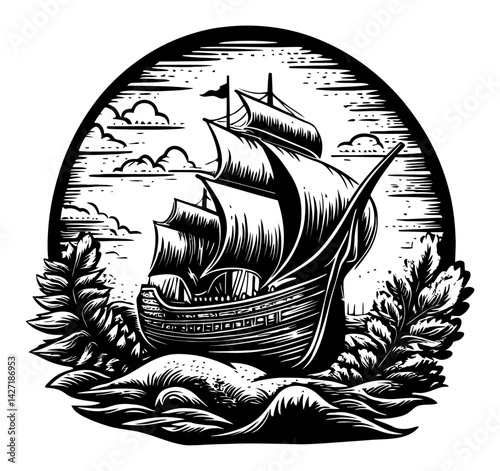 Intricate Engraving of a Classic Ship Amidst Scenic Landscape