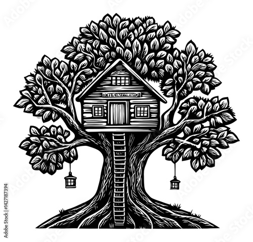 Wooden Treehouse in Strong Tree with Lanterns and Leaf Detail