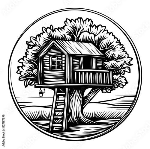 Treehouse Engraving Illustration in Black and White Style