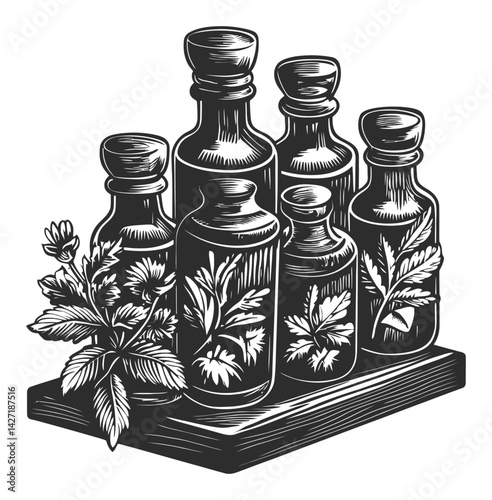 Vintage Engraving of Glass Bottles with Herbs and Plants Design