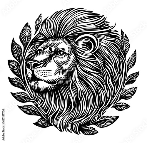 Detailed Black and White Lion Engraving with Leaf Decoration