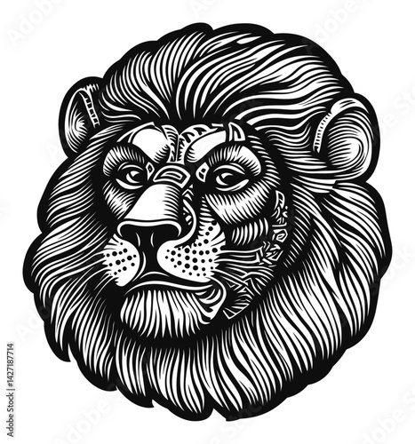 Detailed Engraving of a Lion with Intricate Illustrative Features