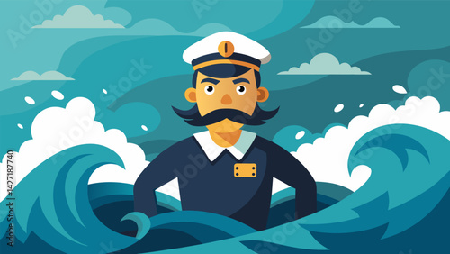 A sailor navigating turbulent waters with a stoic determination representing the steady guidance of stoic principles in challenging situations.. Vector illustration