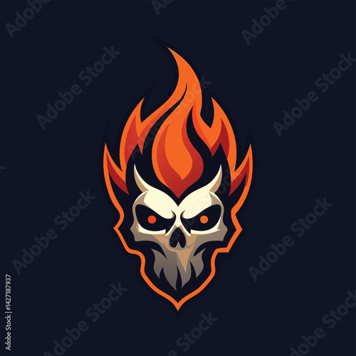 Flaming skull logo design featuring a stylized skull with vibrant flames in hues of orange and red, suitable for gaming and sports branding