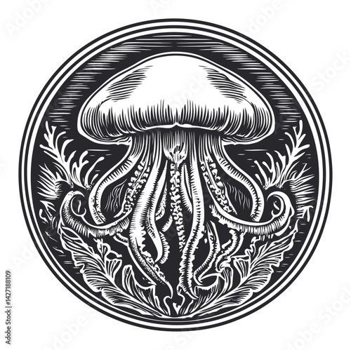 Detailed Black and White Engraving of a Jellyfish with Tentacles