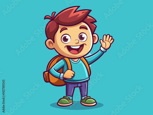 A fun vector of a smiling cartoon boy waving with one hand and holding a backpack, on a solid light blue background