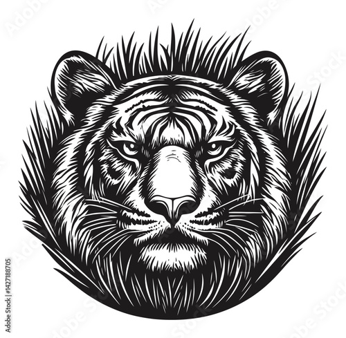 Detailed Black and White Tiger Illustration with Grass Elements