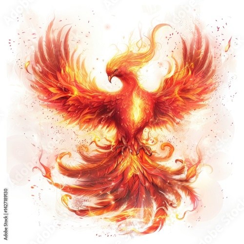 A hyper-realistic vector of a flaming phoenix rising with intricate feather details and glowing embers
