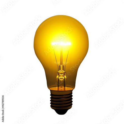 Bright yellow light bulb with glowing filament and soft shadows, isolated on a transparent background — ideal for innovation, ideas, or creativity-themed designs