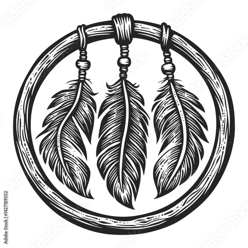 Detailed Black and White Engraving of Three Feathers in Circle