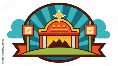 Vector illustration of a colorful logo featuring a building, mountains, and stylized clouds in a vibrant design ideal for branding or graphic use